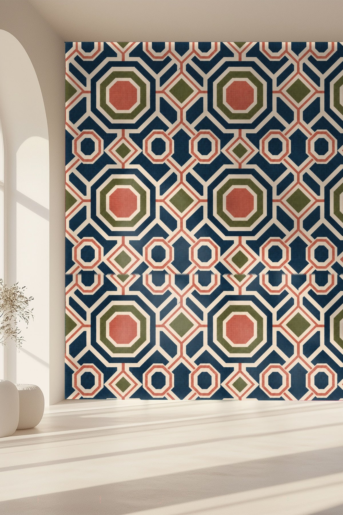 Street-side view of window with wallpaper visible through glass, showing octagonal geometric pattern.