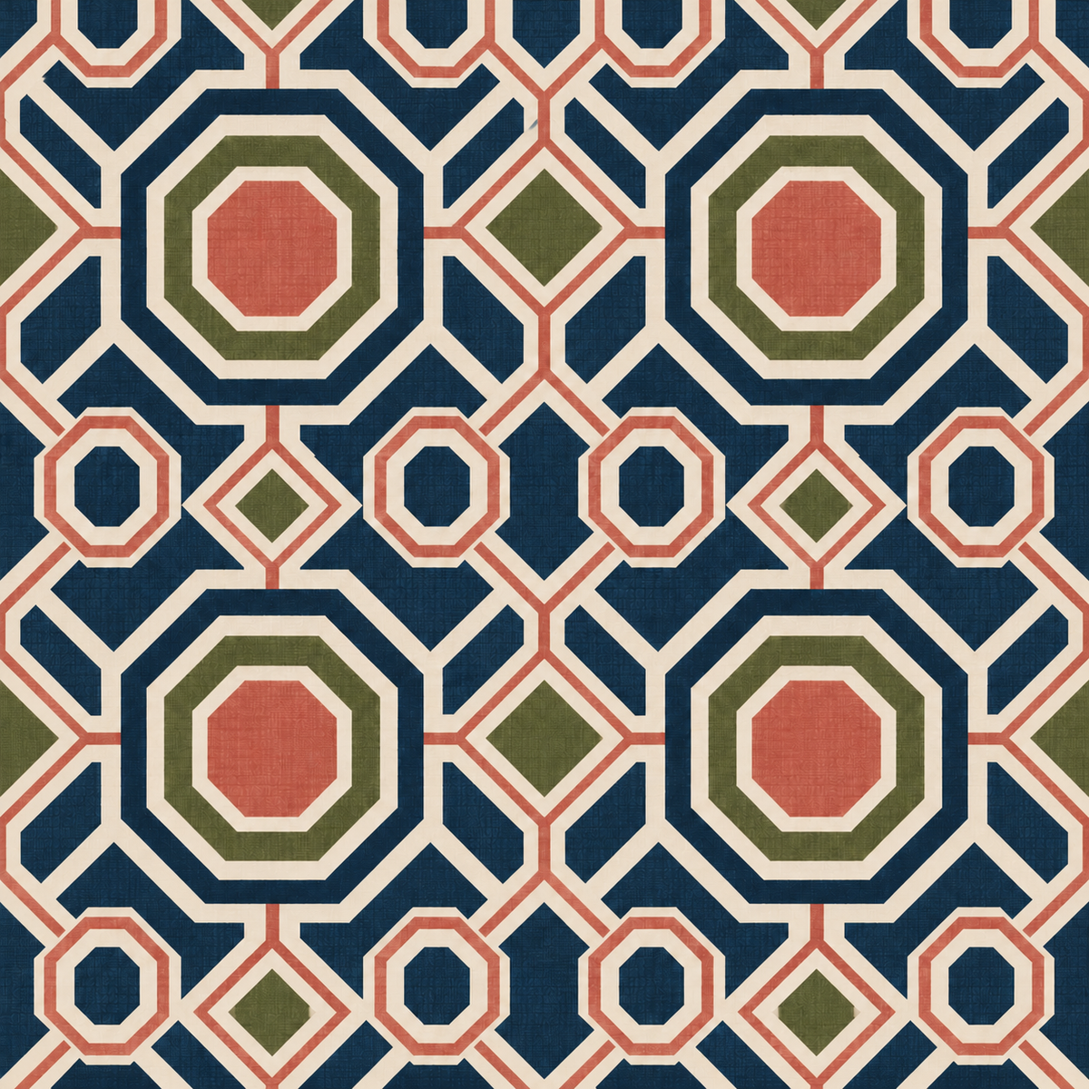 Abstract crop of wallpaper pattern focusing on layered octagonal windows and connecting diamond shapes in earthy palette.