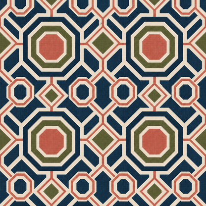 Abstract crop of wallpaper pattern focusing on layered octagonal windows and connecting diamond shapes in earthy palette.