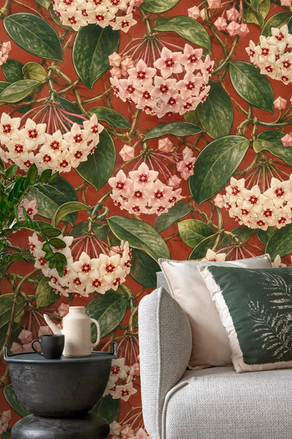 Full repeat pattern showing interplay of florals and leaves
