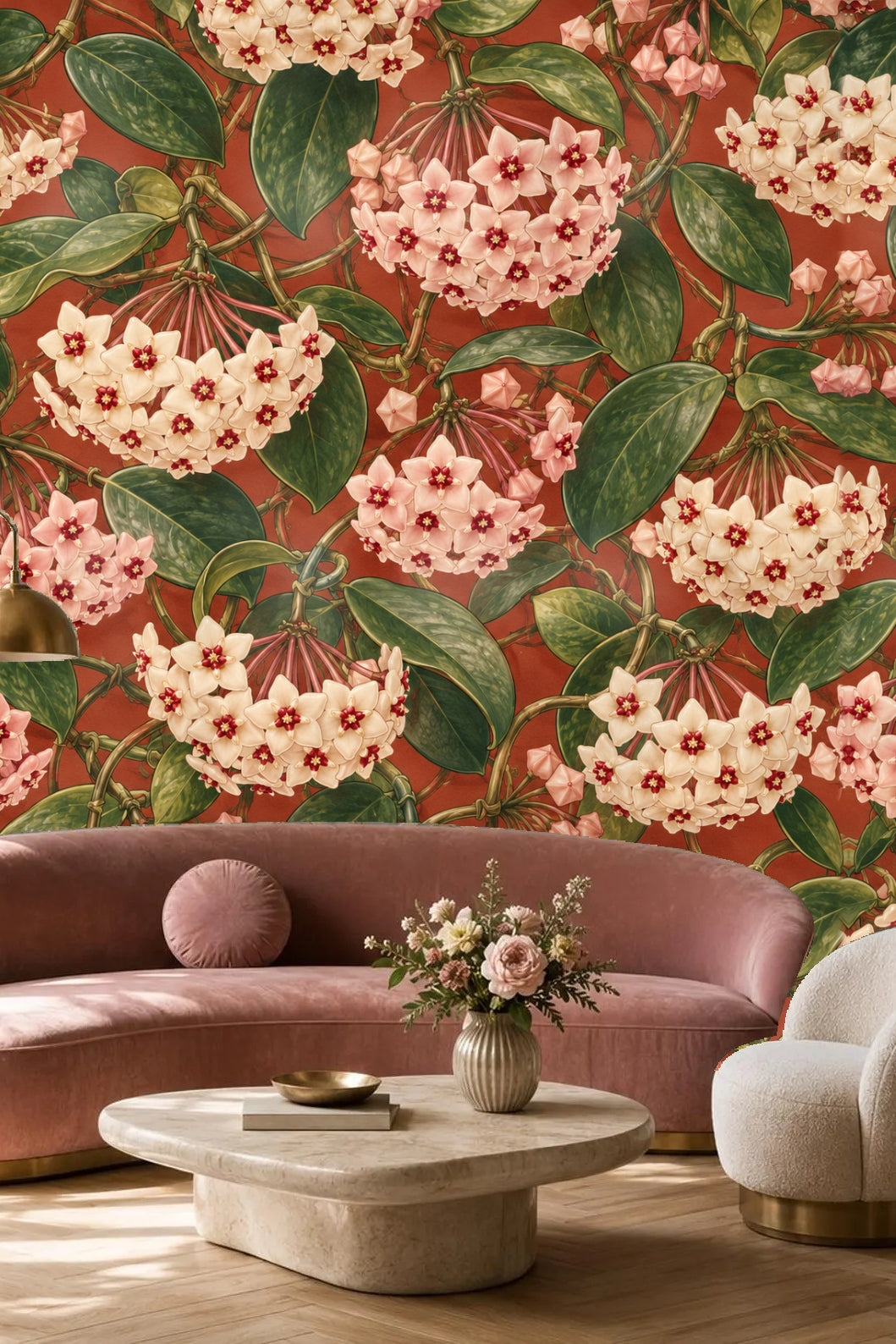 Close-up of Porcelain Garland Wallpaper artwork showing detailed hoya blossoms on terracotta background