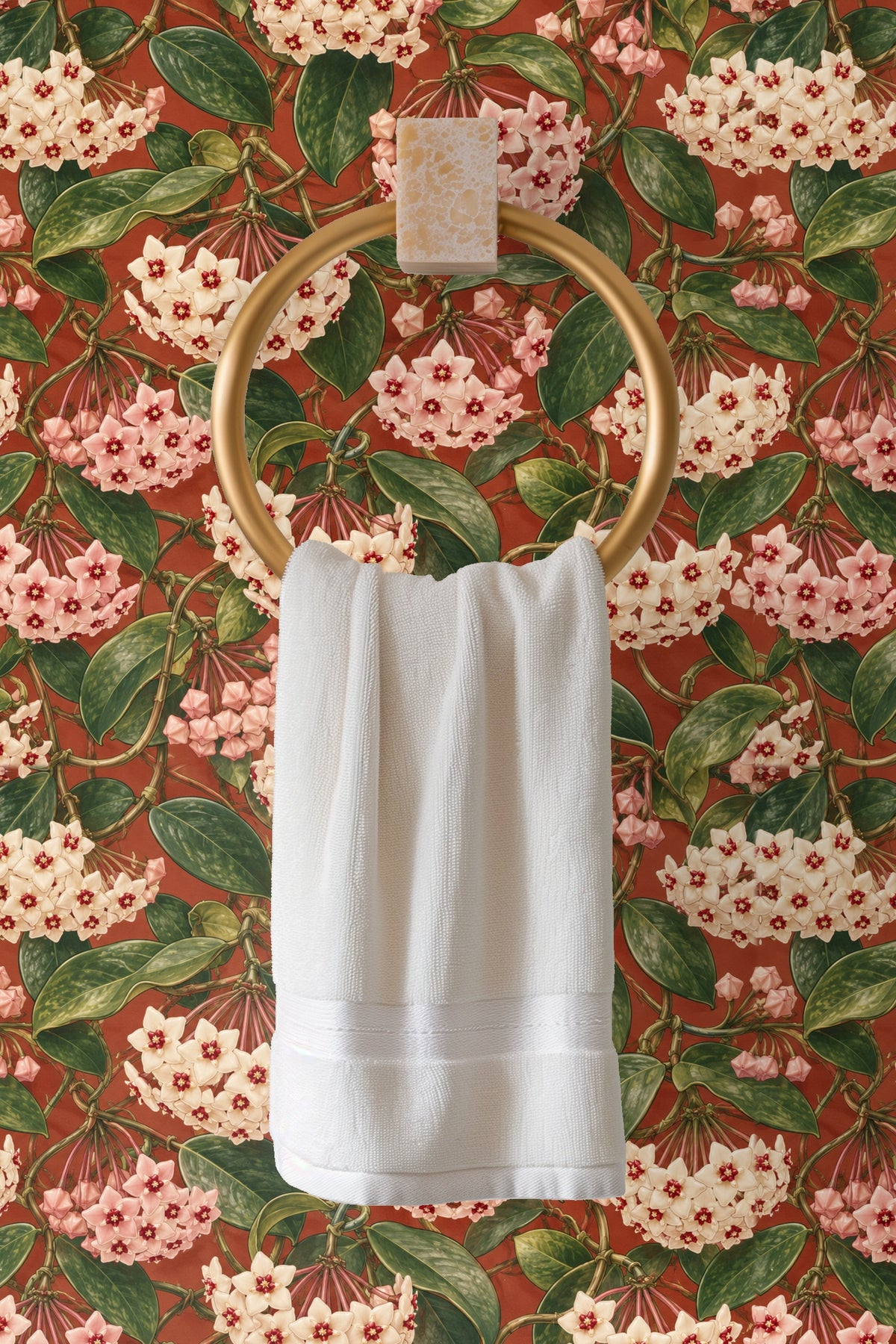 Wallpaper in room setting highlighting scale of flower clusters
