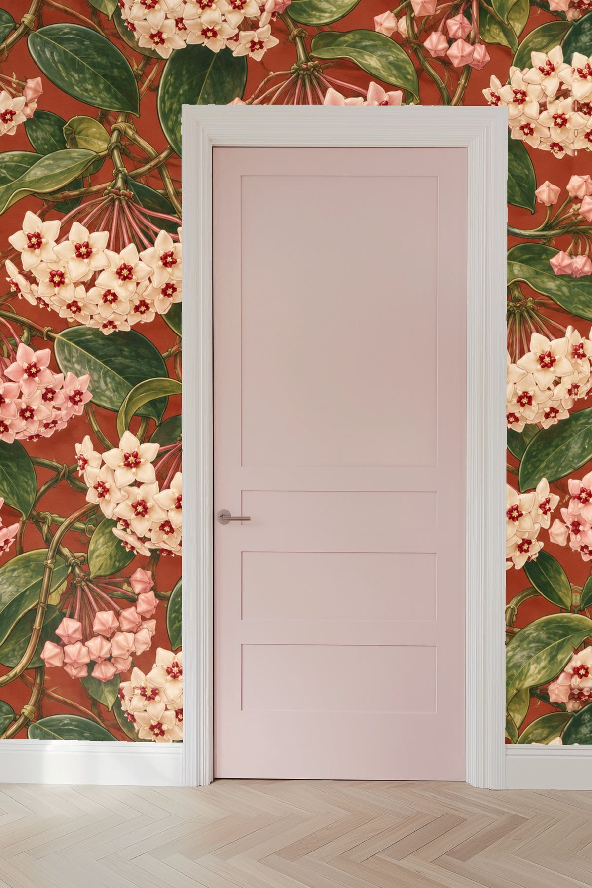 Partially visible contemporary chair against wallpaper