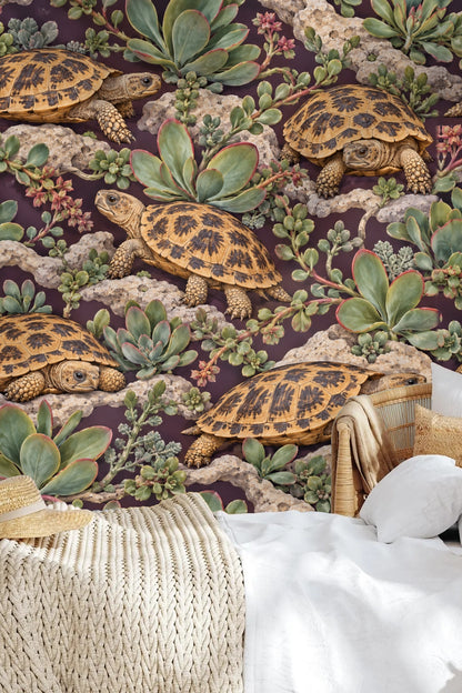 Pattern repeat showing multiple tortoises oriented differently in wallpaper.