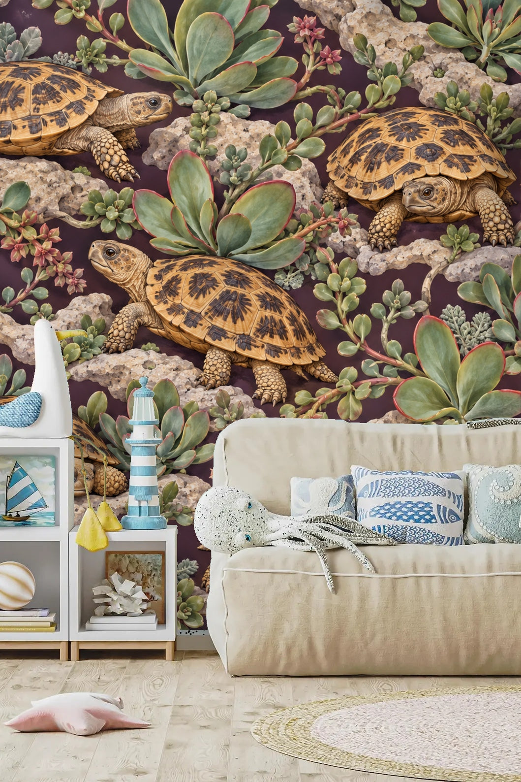 Wallpaper motif with a harmonious blend of green plants and earthy tortoise tones.