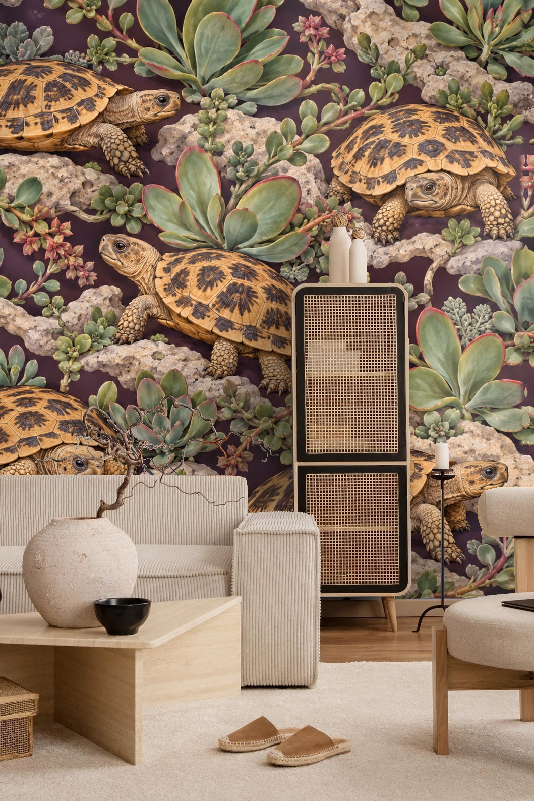 Plum-colored wallpaper background visible behind natural elements and animals.