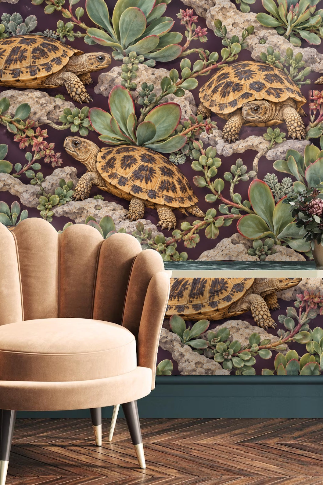 Wallpaper in a bedroom with green velvet headboard showcasing pancake tortoise and succulent pattern.