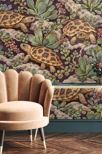Wallpaper in a bedroom with green velvet headboard showcasing pancake tortoise and succulent pattern.