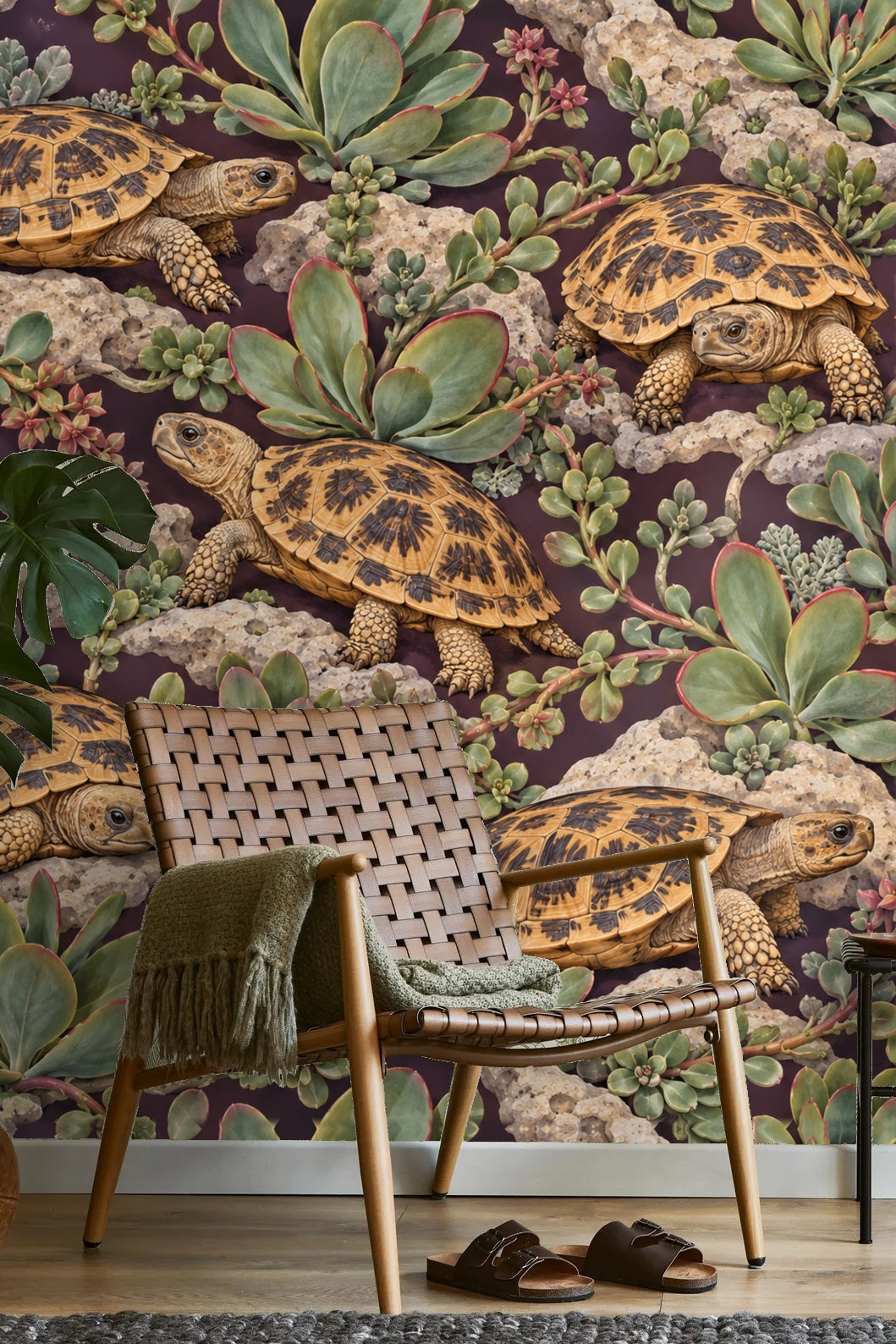 Rough-textured rocks weaving among succulents and tortoises in wallpaper.