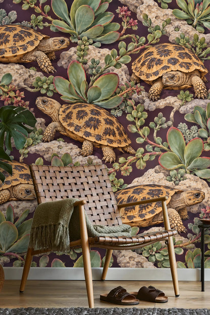 Rough-textured rocks weaving among succulents and tortoises in wallpaper.