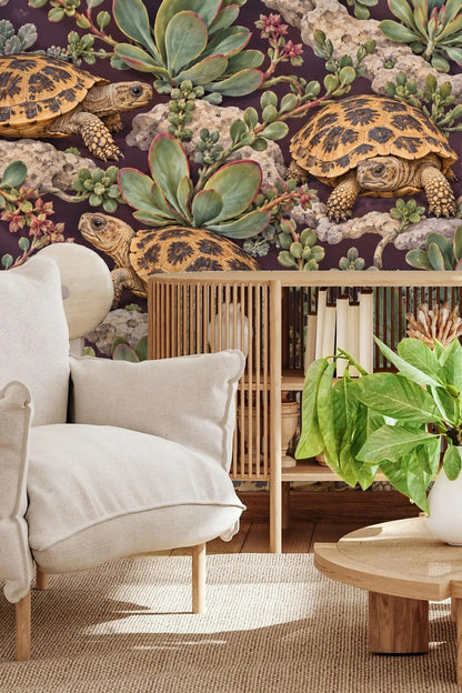 Tortoise walking atop rocky ledge in wallpaper artwork.