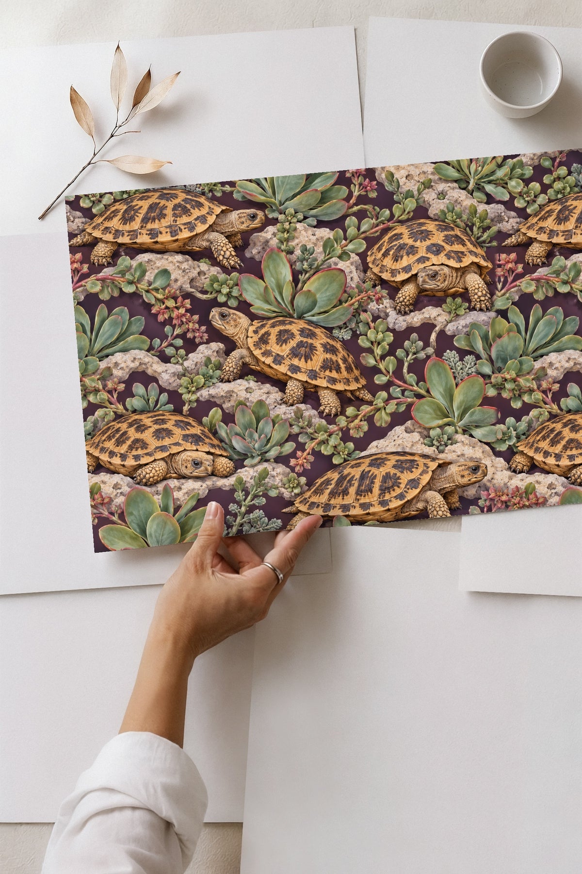 Close-up of pancake tortoise shell pattern detailed in wallpaper design.
