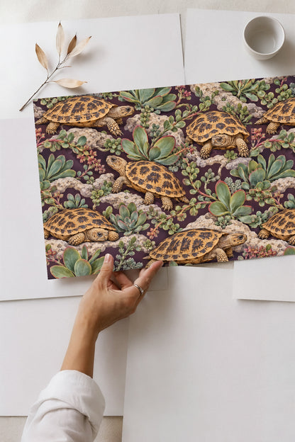 Close-up of pancake tortoise shell pattern detailed in wallpaper design.