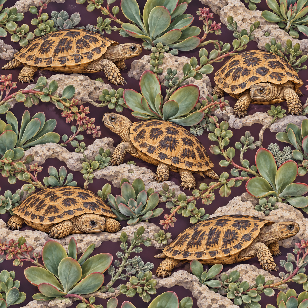 Artfully illustrated pancake tortoise and succulents wallpaper in styled interior