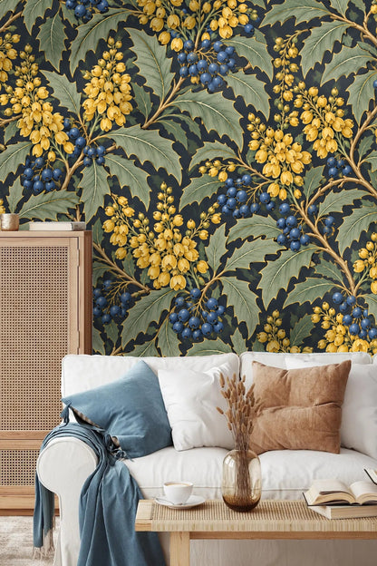 Repeat pattern showing spiky green leaves and vibrant golden flower bunches