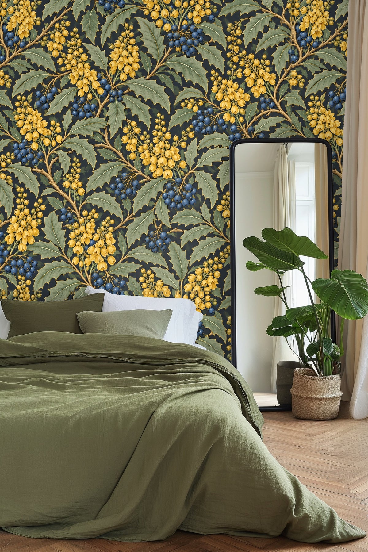 Interior wall with mahonia wallpaper, complementing mid-century modern furnishings