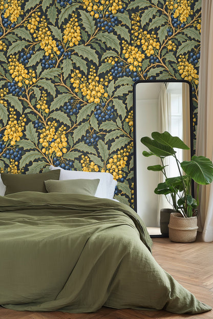 Interior wall with mahonia wallpaper, complementing mid-century modern furnishings