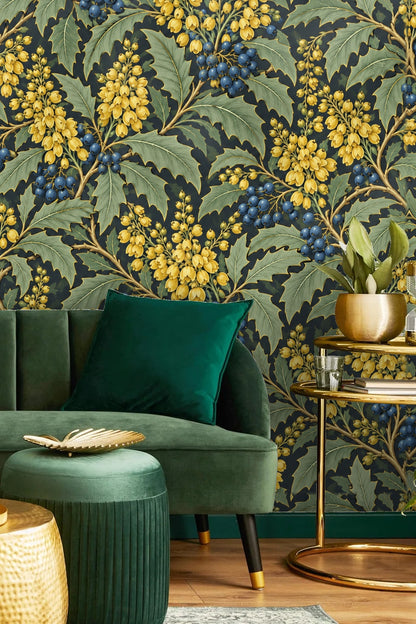 Wall-sized wallpaper with repeating pattern of golden flowers and dark blue berries