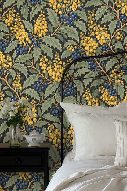 Bright living area with white sofa, wooden coffee table, and wallpaper with mahonia botanical pattern in yellow, blue, and green