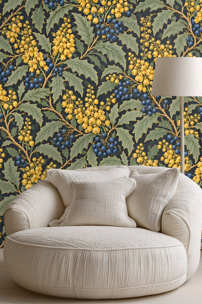 Pattern detail capturing texture of mahonia leaves and berries in botanical wallpaper