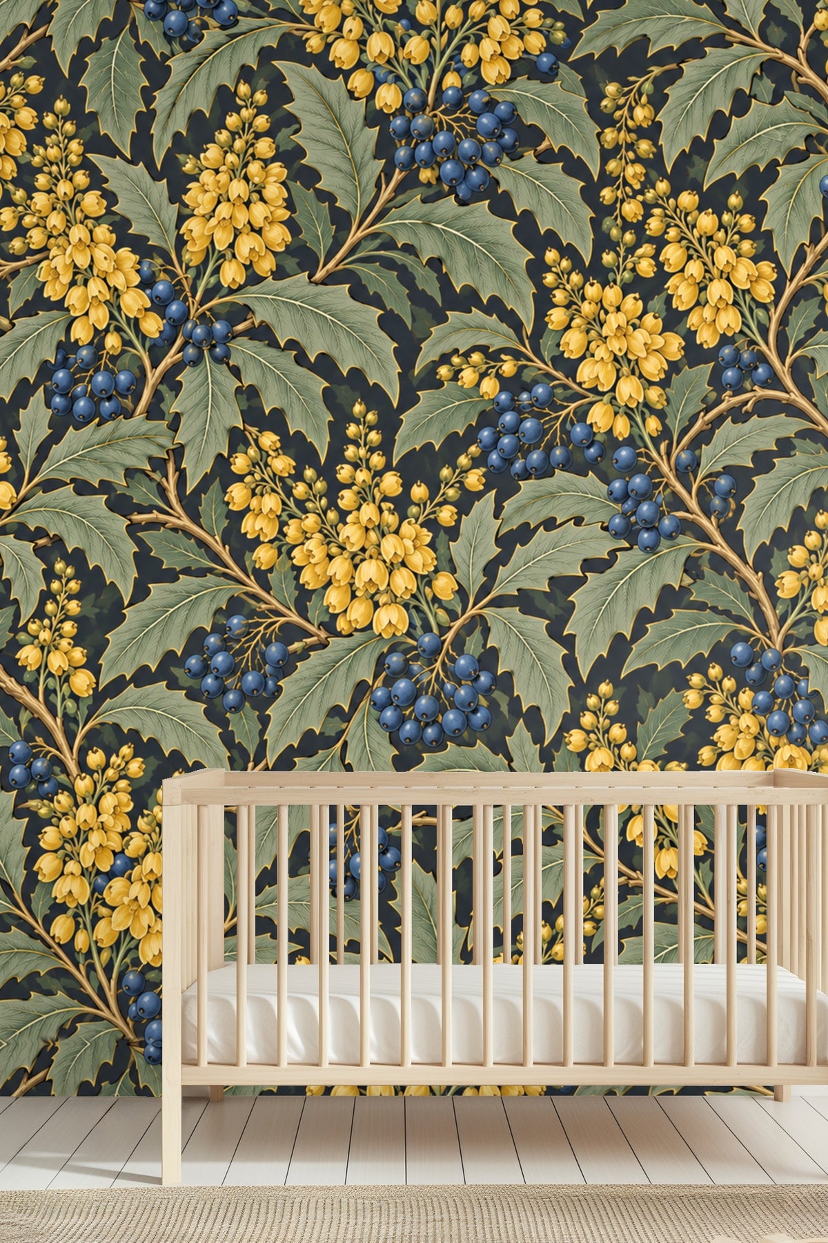 Large-scale floral wallpaper highlighting detailed leaf veins and berry shadows