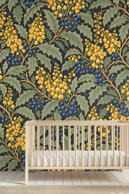 Large-scale floral wallpaper highlighting detailed leaf veins and berry shadows