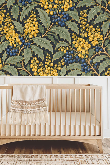 Detail of intricate mahonia plant leaves and berry clusters on wallpaper