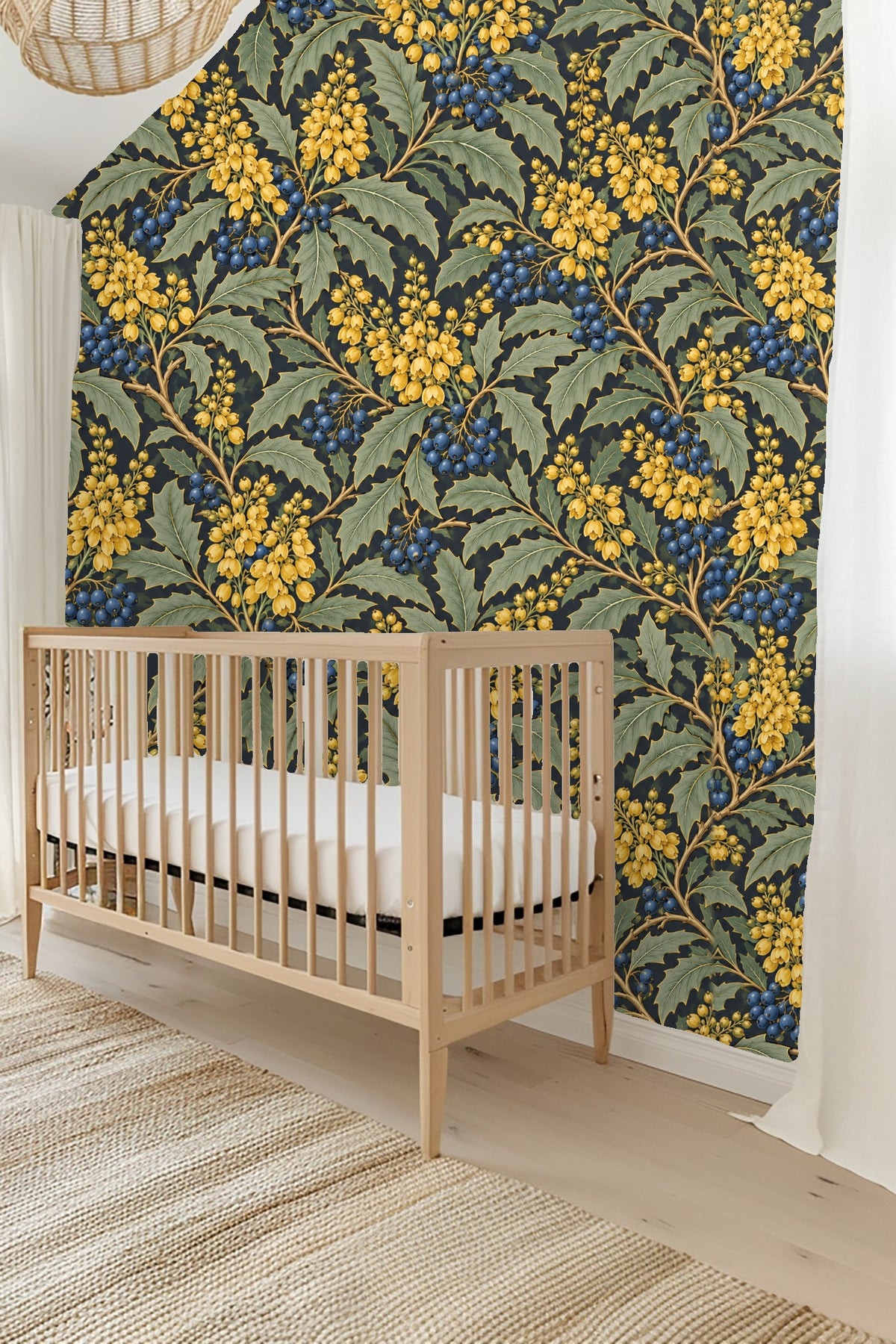 Naturalistic wallpaper design with finely drawn yellow flowers and bluish berries on leaves