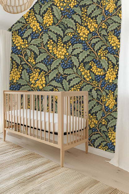 Naturalistic wallpaper design with finely drawn yellow flowers and bluish berries on leaves