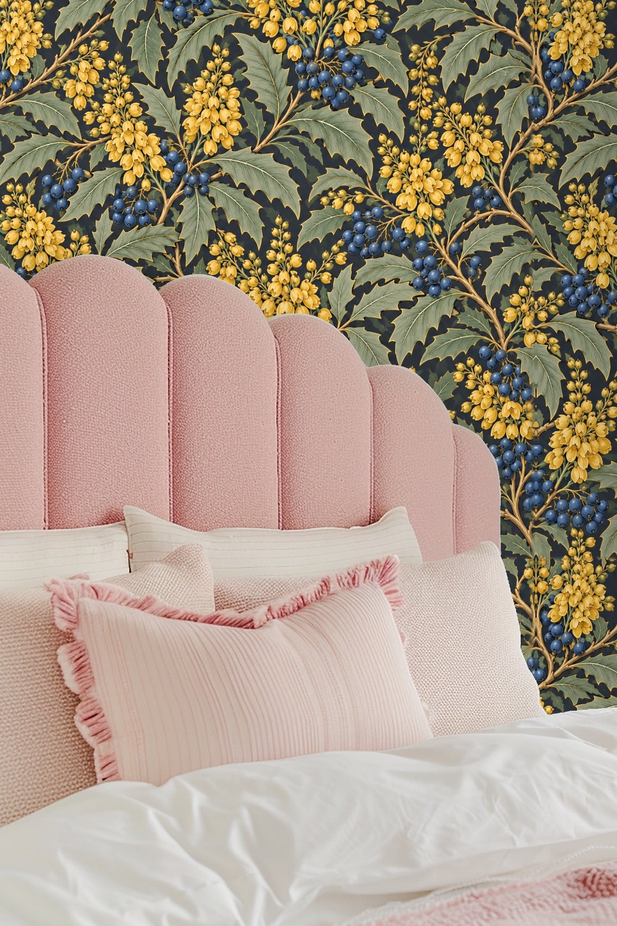 Elegant botanical wallpaper emphasizing contrast between yellow flowers and navy blue berries
