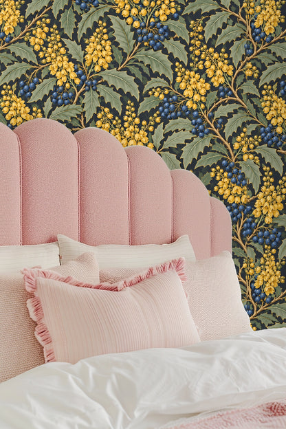 Elegant botanical wallpaper emphasizing contrast between yellow flowers and navy blue berries