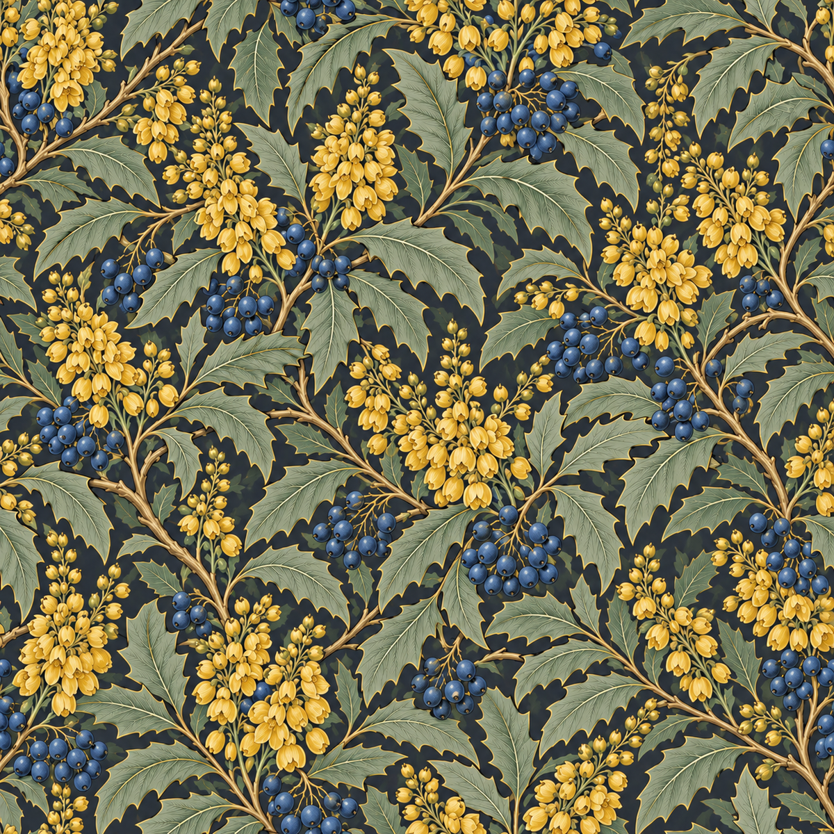 Wallpapered wall with mahonia branches wrapping around a corner in stylish living space
