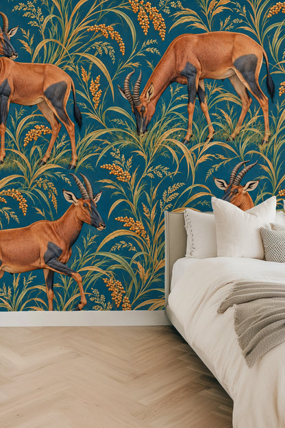 Topi in Petrol Fields wallpaper shown in an interior setting