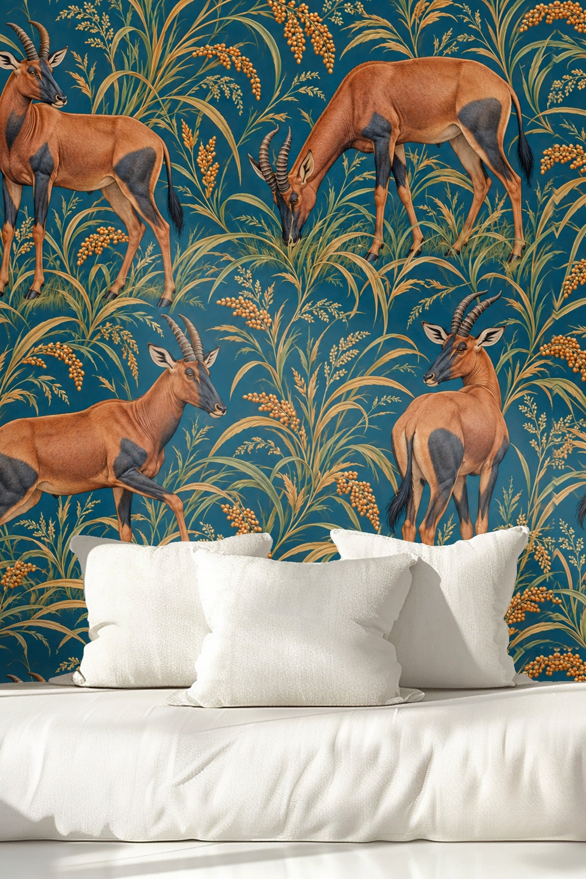 Topi in Petrol Fields wallpaper shown in an interior setting