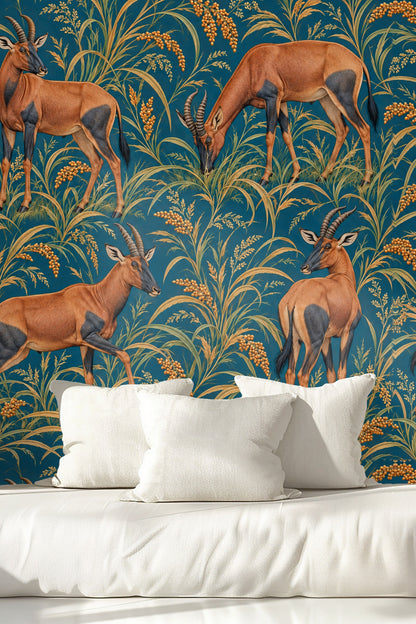 Topi in Petrol Fields wallpaper shown in an interior setting