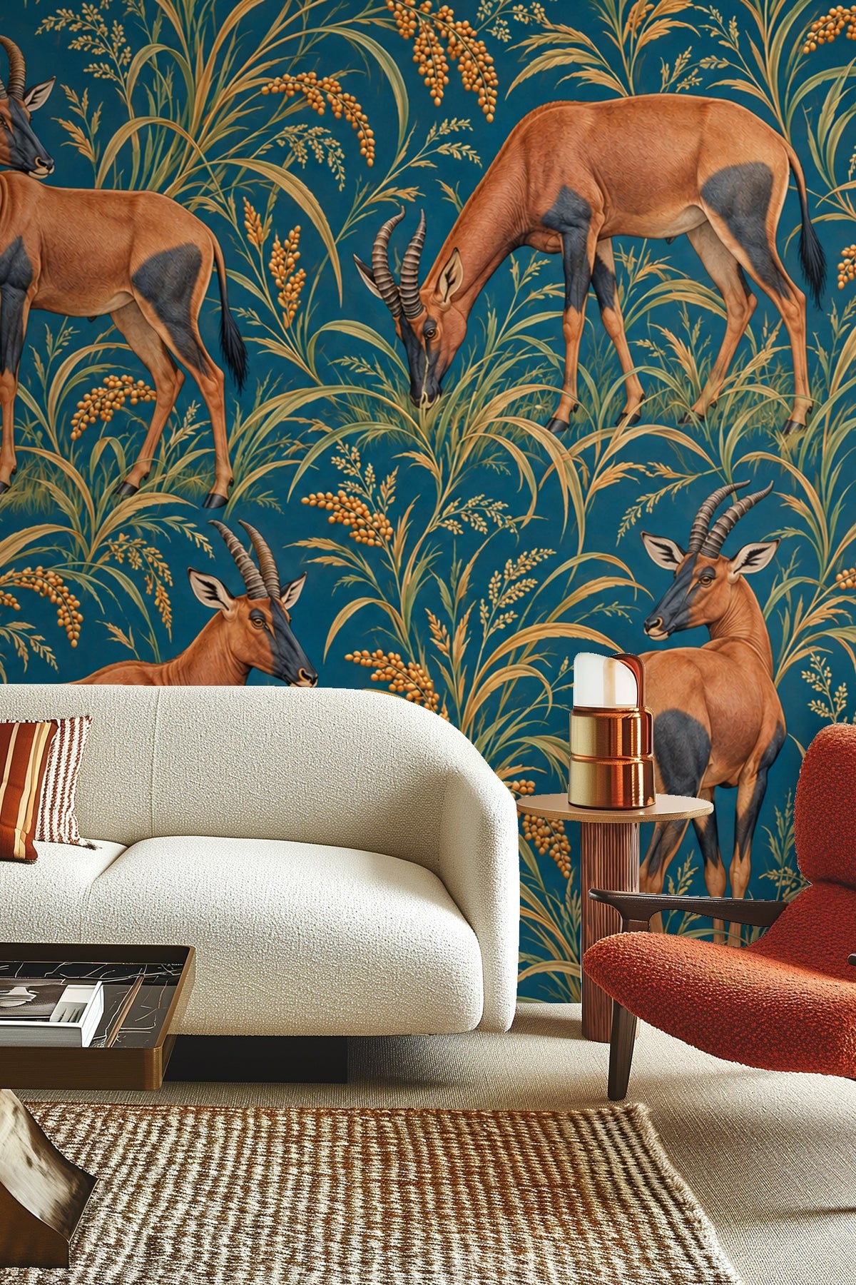 Wallpaper artwork featuring four topi antelopes standing and grazing among golden millet and tall grasses on a rich petrol blue background