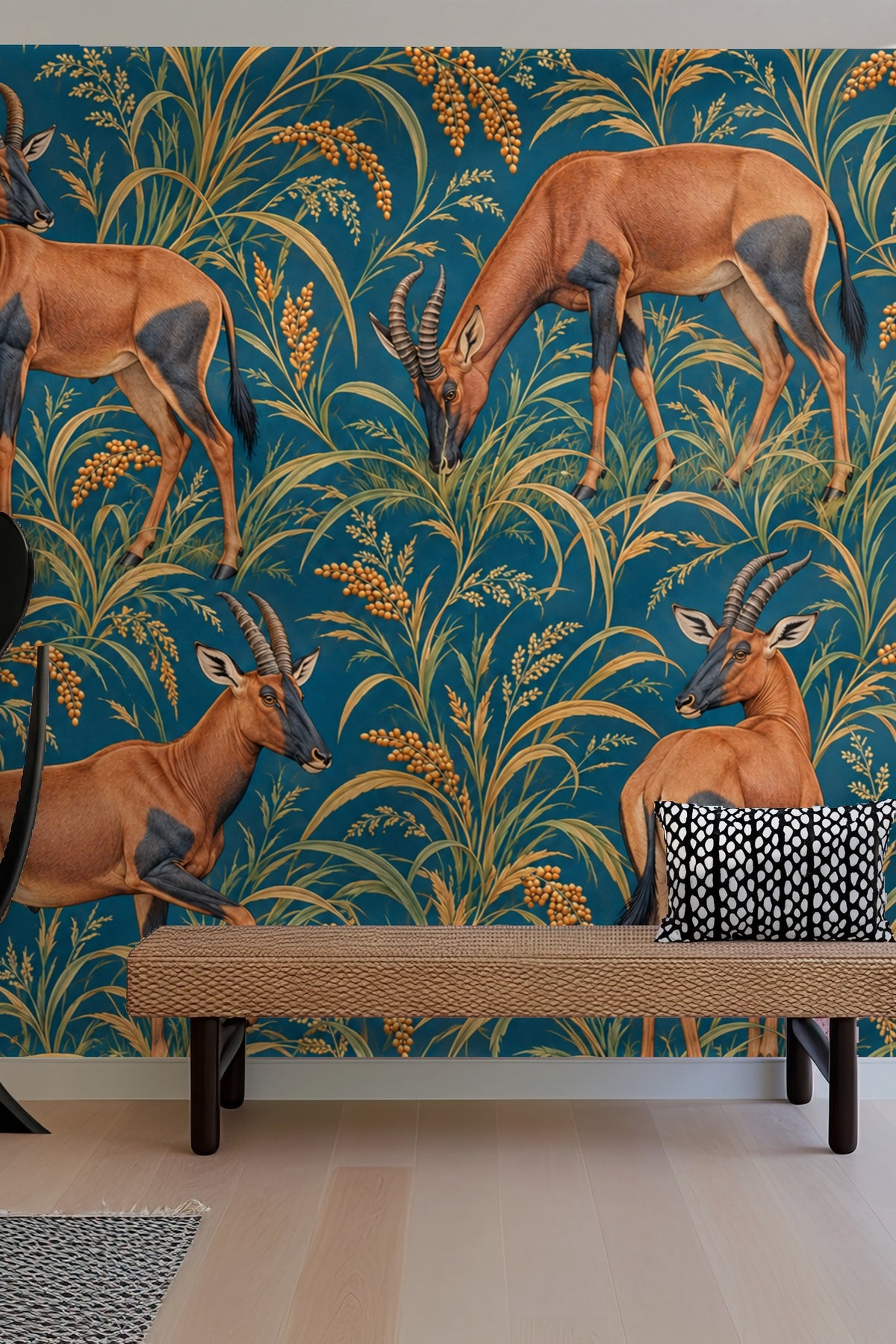 Topi in Petrol Fields wallpaper shown in an interior setting