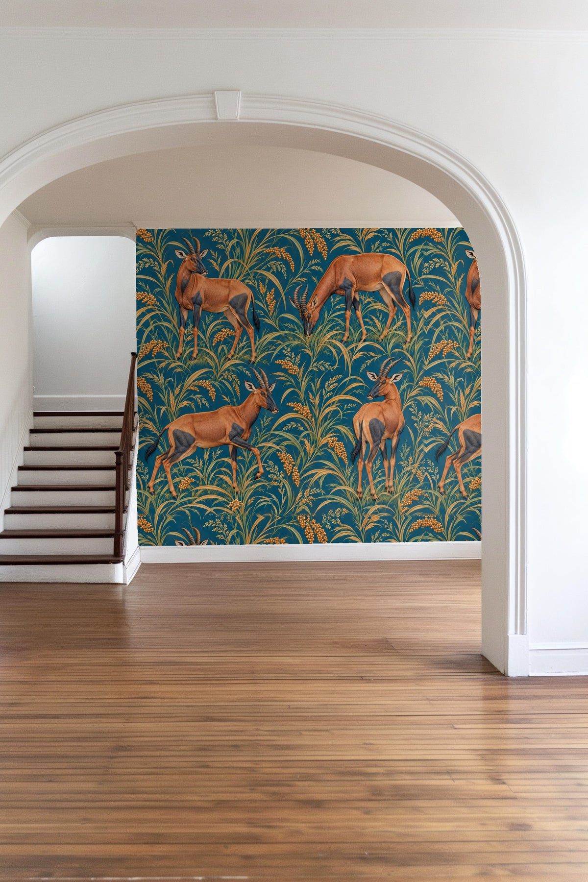 Topi in Petrol Fields wallpaper shown in an interior setting