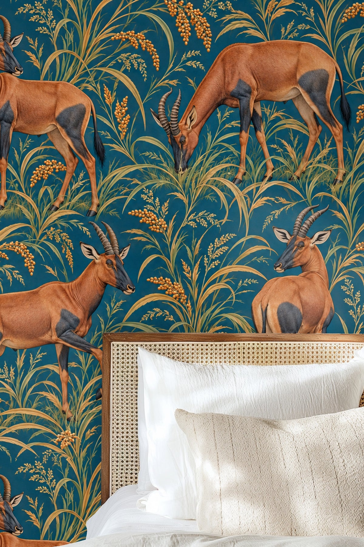Topi in Petrol Fields wallpaper shown in an interior setting