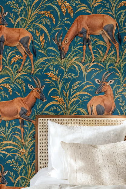 Topi in Petrol Fields wallpaper shown in an interior setting