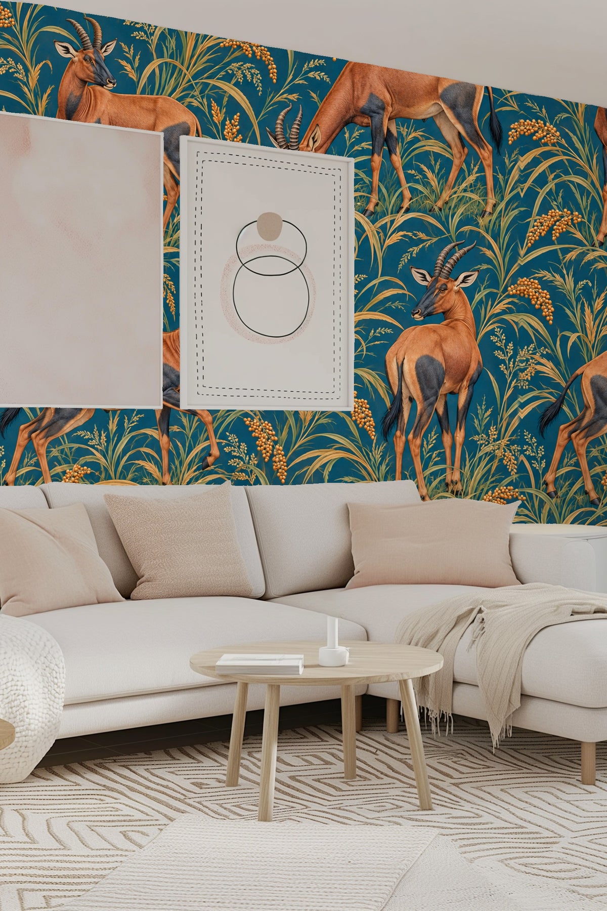 Topi in Petrol Fields wallpaper shown in an interior setting