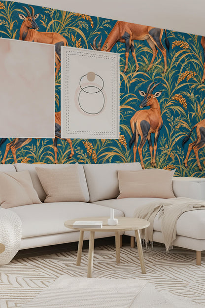 Topi in Petrol Fields wallpaper shown in an interior setting