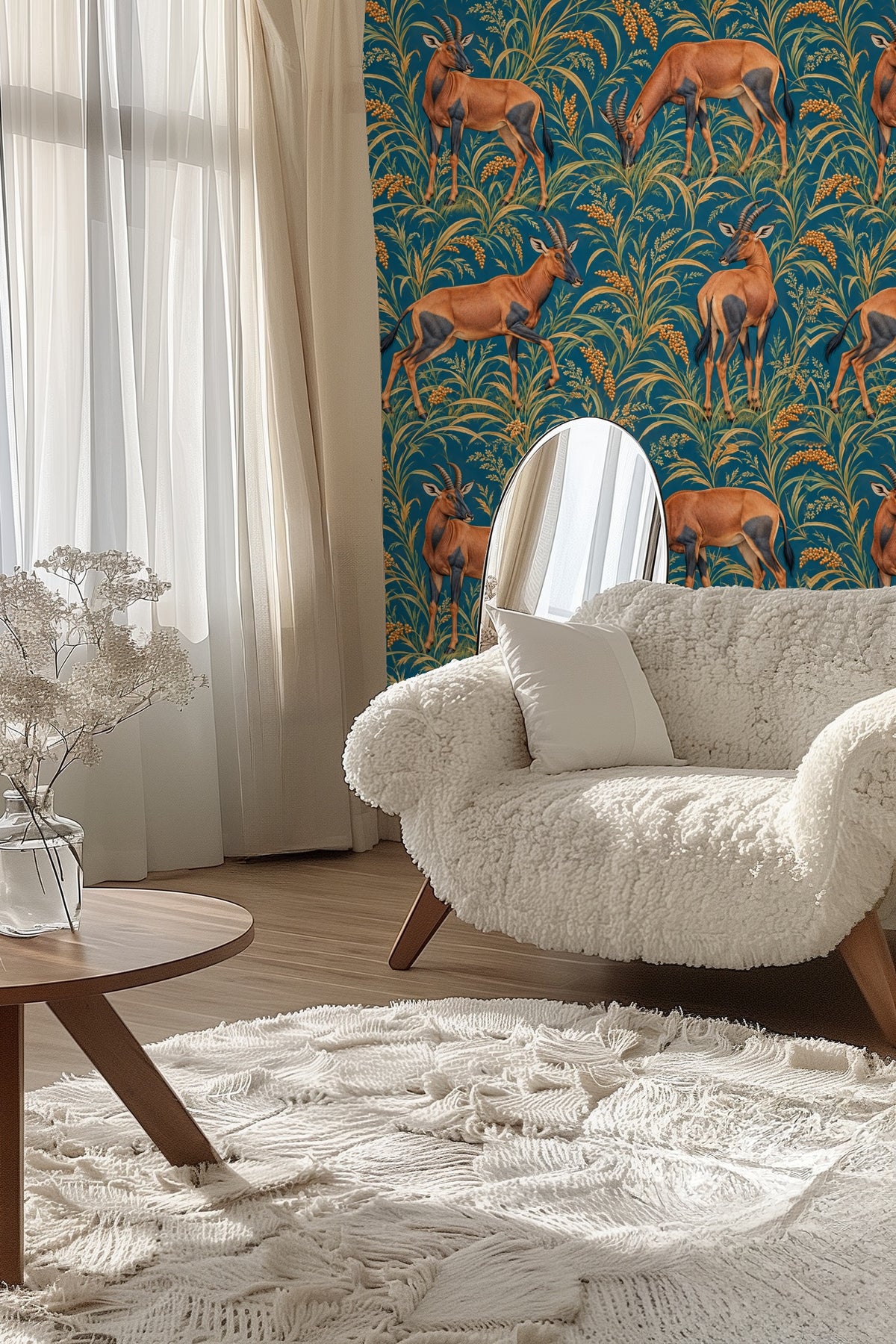 Topi in Petrol Fields wallpaper shown in an interior setting