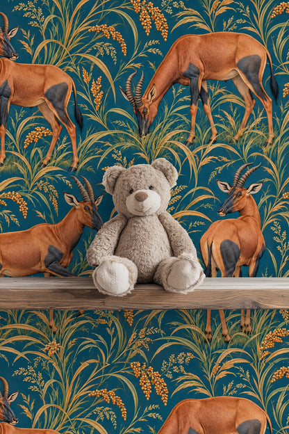 Topi in Petrol Fields wallpaper shown in an interior setting