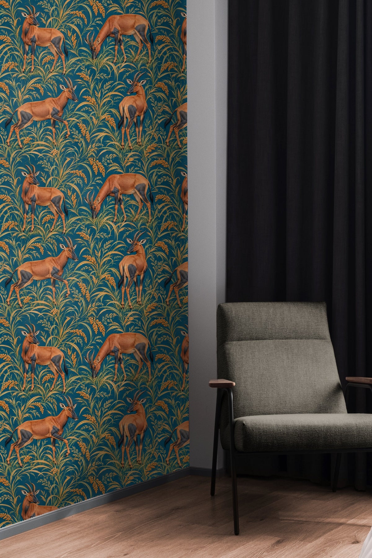 Topi in Petrol Fields wallpaper shown in an interior setting