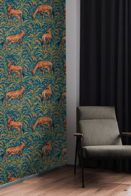Topi in Petrol Fields wallpaper shown in an interior setting