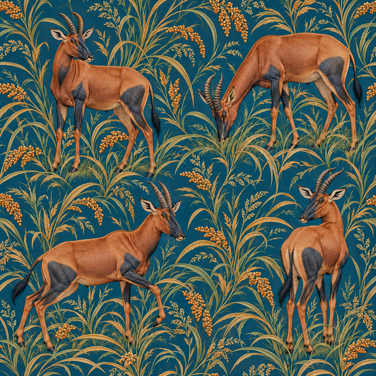 Topi in Petrol Fields wallpaper shown in an interior setting