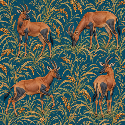 Topi in Petrol Fields wallpaper shown in an interior setting
