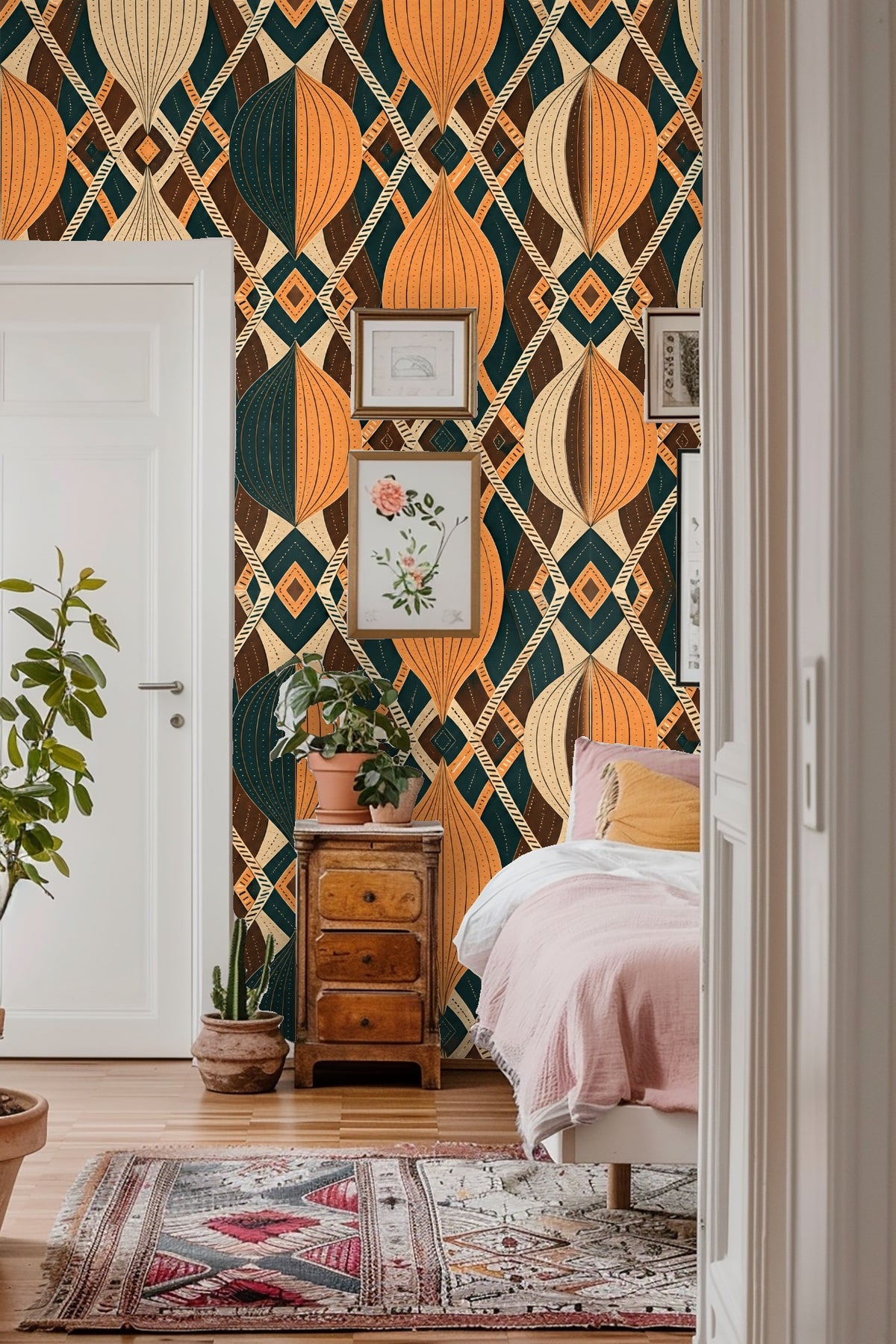 Decorative wall treatment with intricate yet large-scale repeating elements in complementary color blocks.