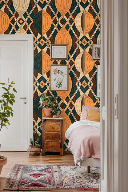 Decorative wall treatment with intricate yet large-scale repeating elements in complementary color blocks.